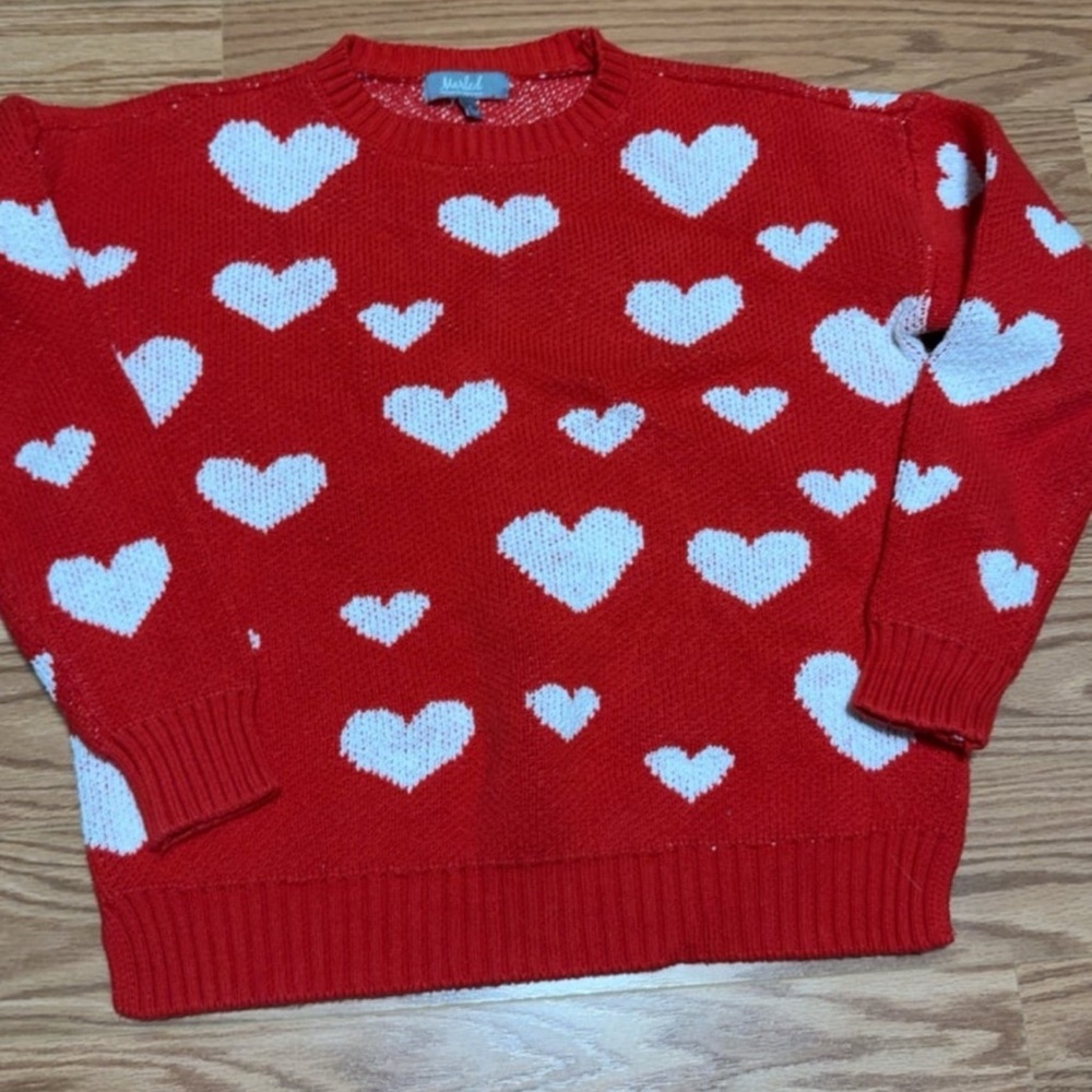 Marled Red and White Heart Crew Neck Sweater